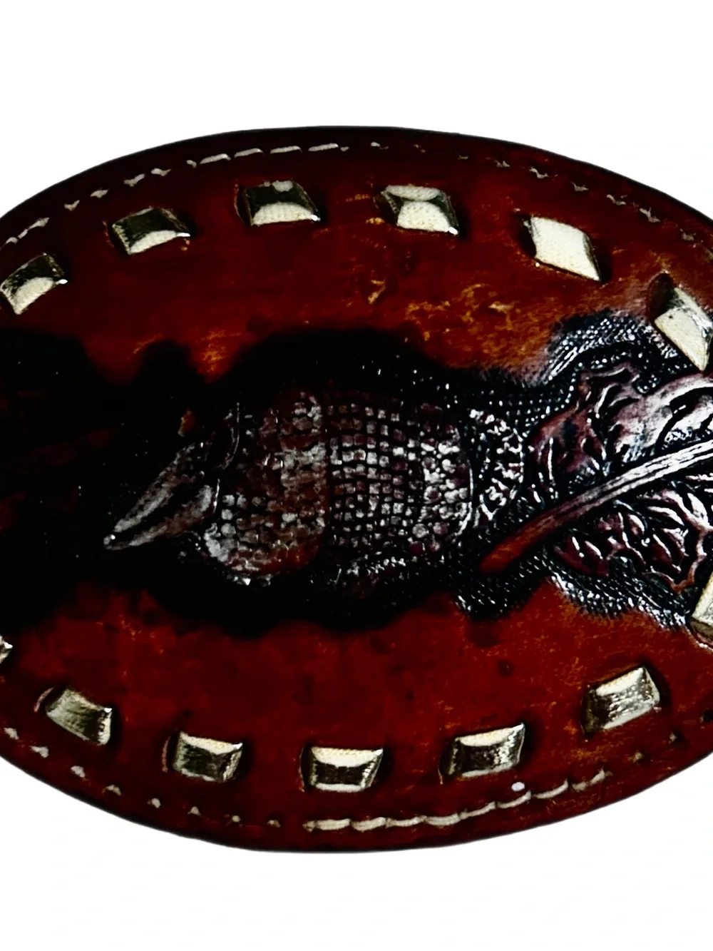 Tony Lama ~ Vintage ~ Brown ~ Armadillo Texas Western Leather Tooled Belt Buckle